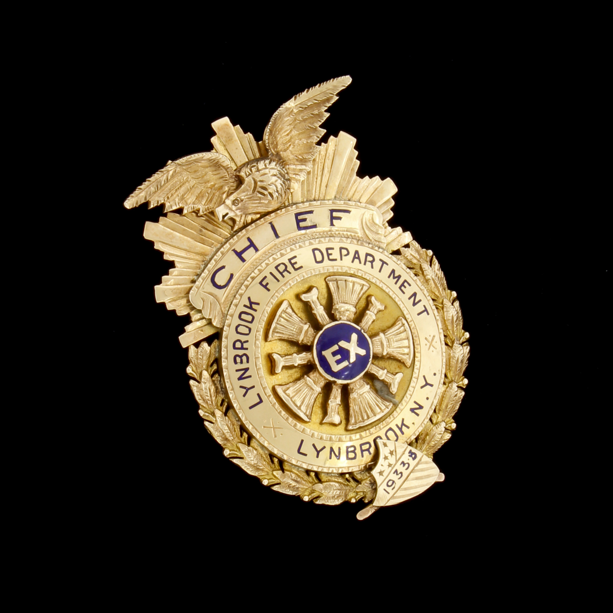 14k Gold Enamel Fire Dept Chief Lynbrook Ny Badge Pin 1933 Plz Read Ebay